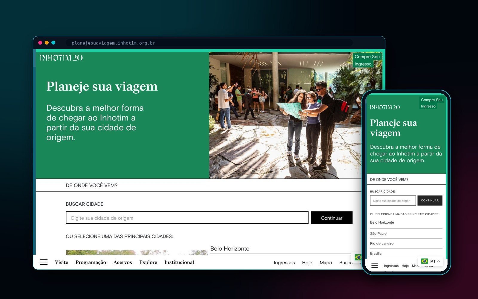 Página inicial de Inhotim no navegador e no celular