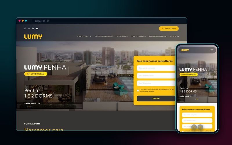 Página inicial de Lumy Incorporadora no navegador e no celular