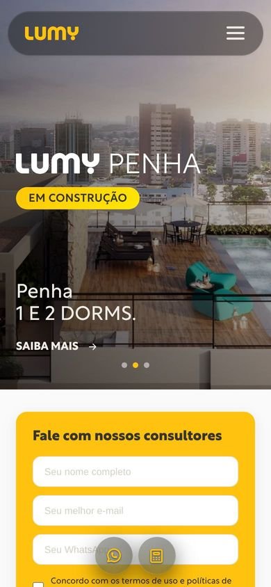 Página inicial de Lumy Incorporadora no celular